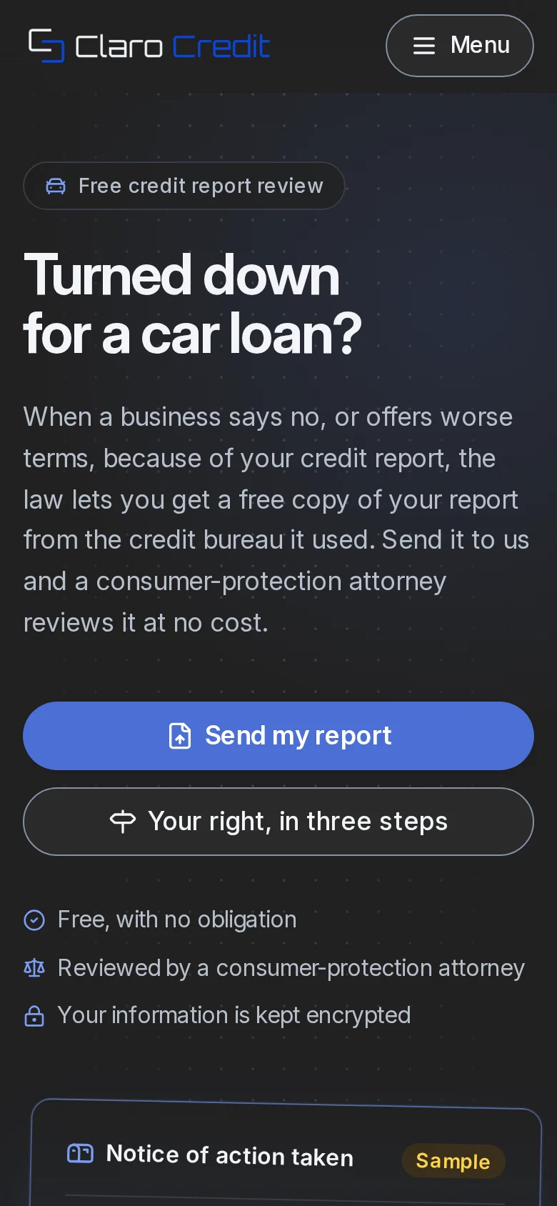 The page a customer sees on a phone: Turned down for a car loan? with the Send my report button.