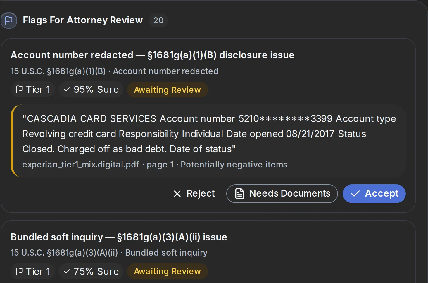 Flags for attorney review on a sample case: a flag with the excerpt from page 1 of the report, how sure the reading is, and the buttons Reject, Needs documents and Accept.