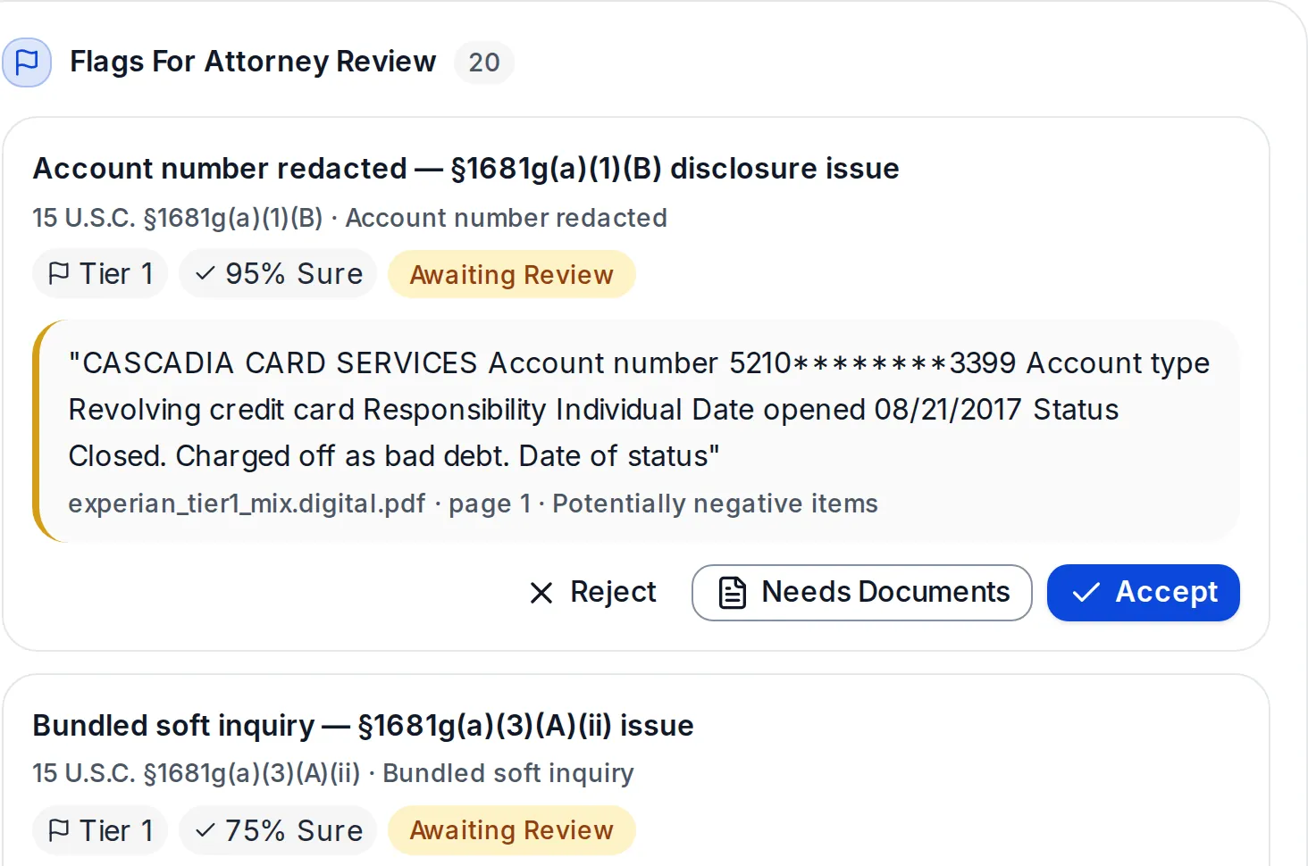 Flags for attorney review on a sample case: a flag with the excerpt from page 1 of the report, how sure the reading is, and the buttons Reject, Needs documents and Accept.